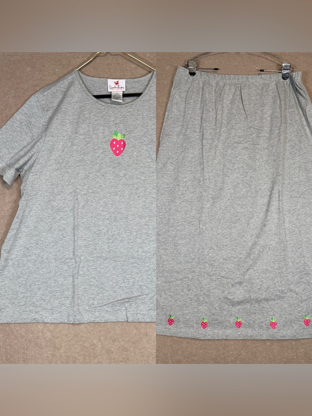 Quacker Factory Strawberry Embroidered Gray Top & Skirt Set 2XL